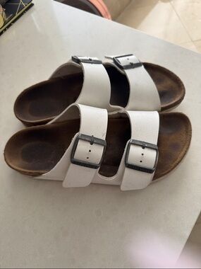 Birkenstock White Double-Strap Slide Sandals with Buckles